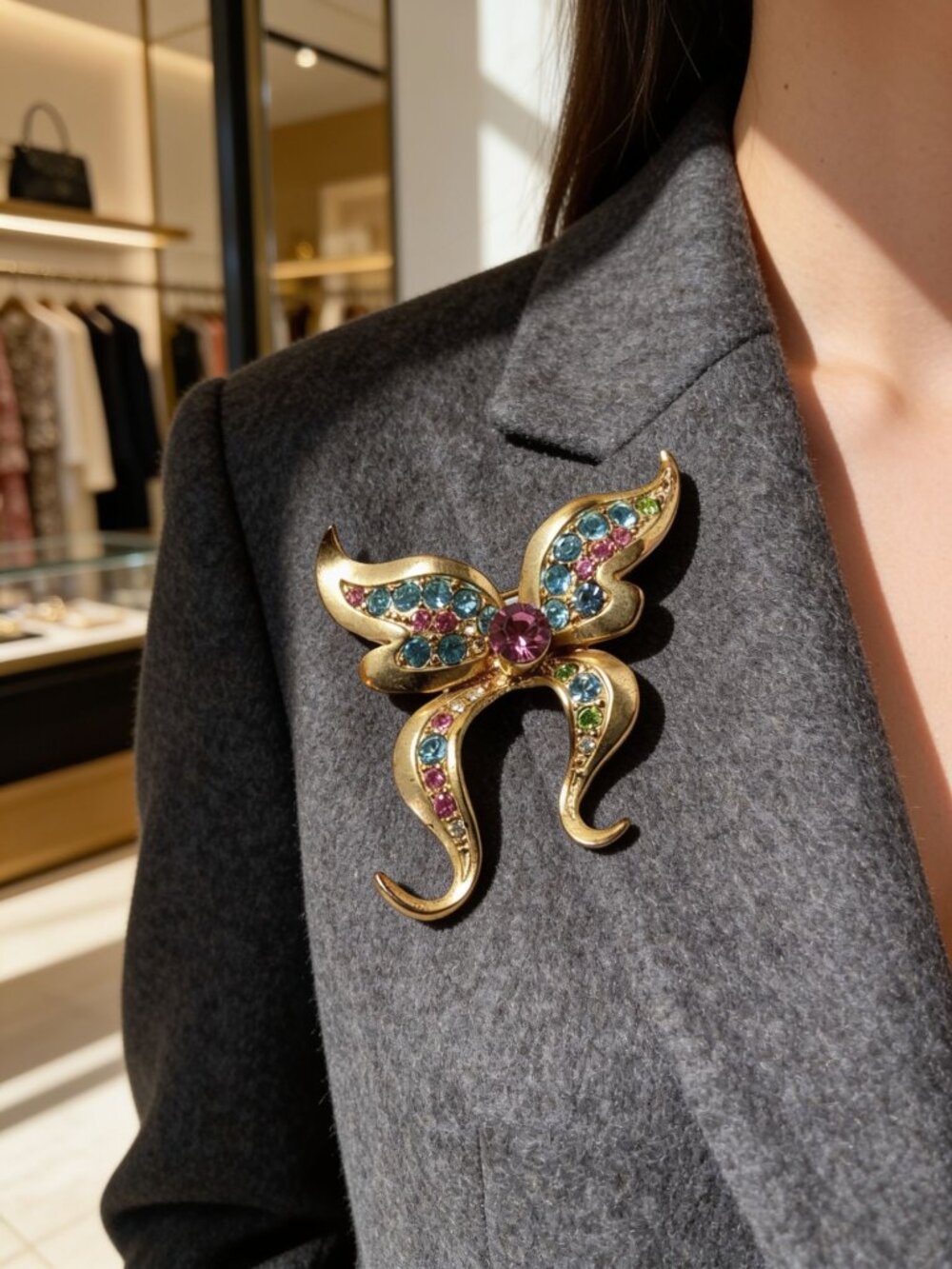 Vintage Gold Tone Rhinestone Butterfly Brooch